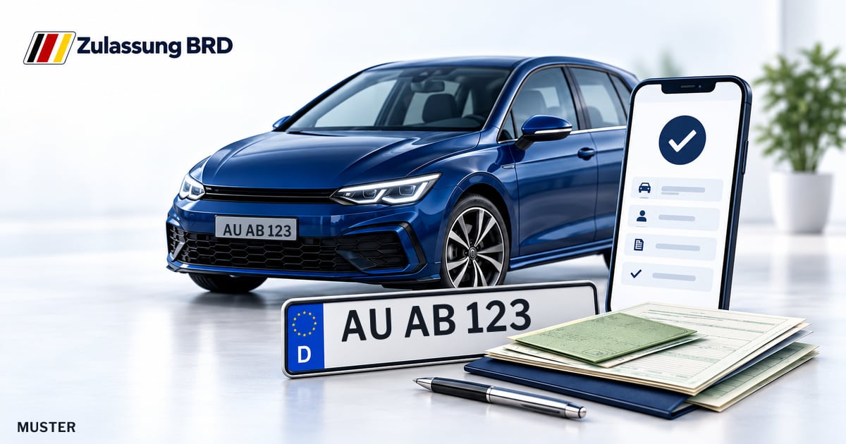 Online Fahrzeugzulassung in Aue: Musterkennzeichen AU AB 123, Auto und Fahrzeugpapiere und Smartphone. Illustration mit Logo von Zulassung BRD.